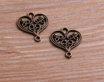 10 Small Heart Connectors Delicate Filigree Design Bronze Filigree Heart Charms Valentine Love Connector Charms Jewelry 21x18 mm