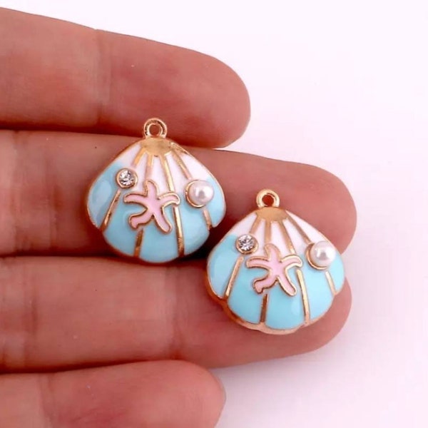 Seashell Charms with Faux Pearl and Crystal Rhinestone Blue and White Enamel Sea Shell with Gold Starfish Charms Beach Jewelry Supplies