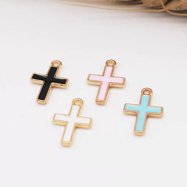Small Enamel Cross Charms Colorful Religious Charms Enamel over Gold Base Cross Jewelry Supplies 16x10mm