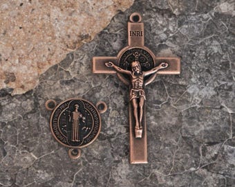 Copper Crucifix and Centerpiece Connector Set St. Benedict Copper Rosary Parts