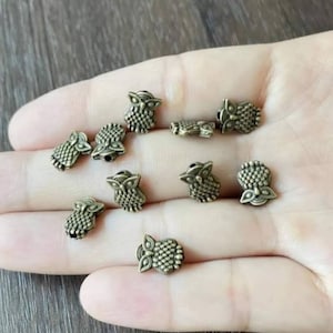 12 Bronze Horned Owl Little Spacer Beads for Thread or Wire Small Bronze Owl Beads Mini Owl Charms Beading Jewelry Supplies 10x8 mm