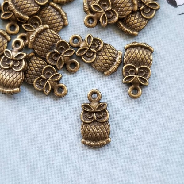 Mini Owl Charms Little Bronze Owl Charms Stern Looking Double Sided Tiny Owl Charms Bird Charm Jewelry Supplies 15x8mm