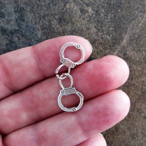 Handcuff Connectors Charms Pendants Silver Tone Police Partners in Crime Jailor Halloween Jewelry Craft Supplies 32x12 mm