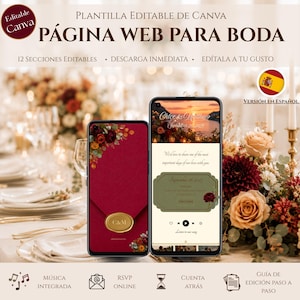 May include: Two smartphones displaying a wedding website template with deep red floral accents, gold wax seal graphics, and text including "PÁGINA WEB PARA BODA", "Chloe & Matthew", and "September 26, 2027". The design features editable sections and music.