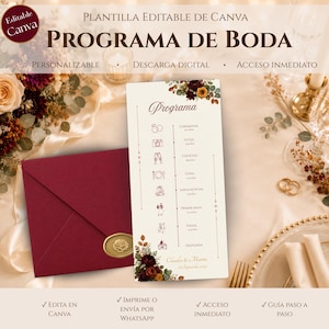 May include: A wedding program template featuring a cream-colored card with floral accents, icons for ceremony, photos, dinner, and dancing, and a deep red envelope with a gold wax seal. The text includes "Programa de Boda" and "Claudia & Martin".