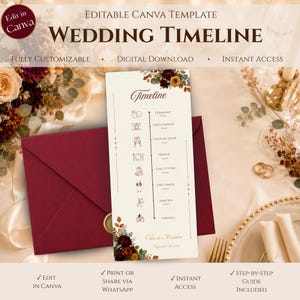Può includere: Un modello modificabile per il programma del matrimonio con una carta color crema e dettagli floreali in bordeaux, arancione e verde. La carta elenca gli eventi dalla cerimonia al commiato con icone e testo, sopra una busta bordeaux.