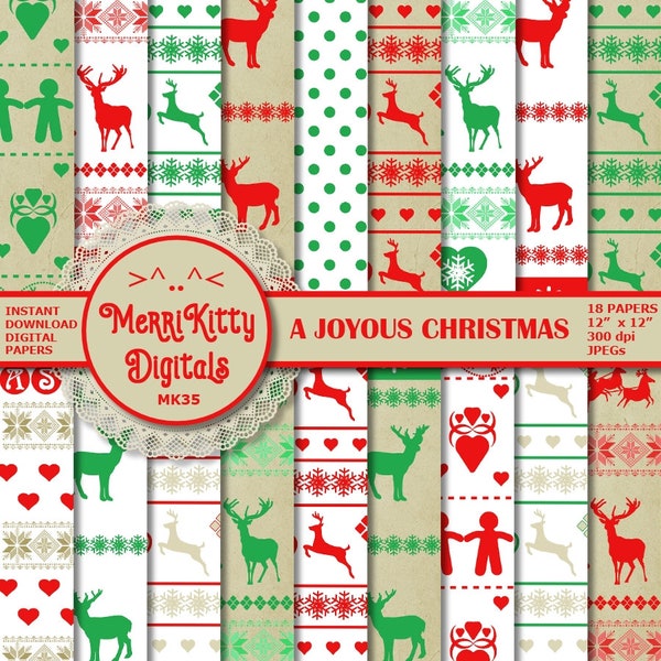 A Joyous Christmas Digital Scrapbook Paper Pack - MK35- Instant Download - 18 12"x12" Nordic Xmas Digital Papers - Scrapbook Collage Sheets