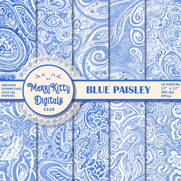 Blue Paisley Digital Papers - C115 - INSTANT Download - Digital Paisley Scrapbook Paper Pack - 10 12"x12" Digital Paper - Blue Paisley Paper