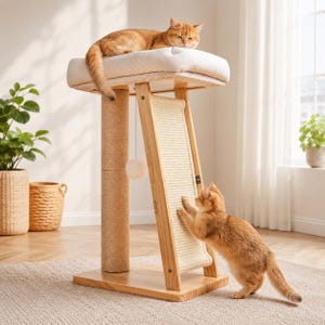 May include: A light wood cat tree featuring a rectangular base, a vertical sisal-wrapped scratching post, and an angled scratching ramp with a cream-colored textured surface. A plush cream-colored platform sits on top with a hanging white ball toy.