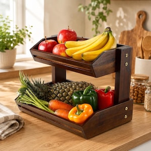 May include: A two-tiered dark wood storage stand holding fresh produce. The top shelf contains red apples and a bunch of yellow bananas. The bottom shelf holds a pineapple, green and orange bell peppers, and two orange carrots.