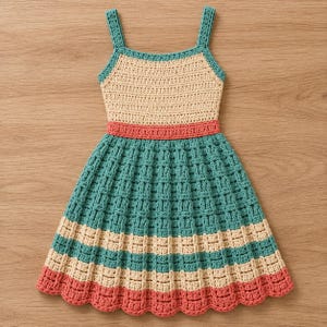 Könnte beinhalten: Ein ärmelloses Häkelkleid mit einem cremefarbenen Oberteil, einem korallenfarbenen Taillenband und einem ausgestellten Rock mit abwechselnden horizontalen Streifen in Petrol und Creme, abgeschlossen mit einem gewellten Saum.