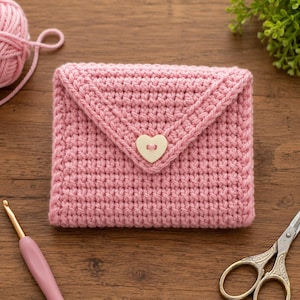 May include: A square, light pink crocheted envelope-style pouch featuring a textured stitch pattern and a single cream-coloured heart-shaped button closure at the centre of the triangular flap, crafted from soft yarn.