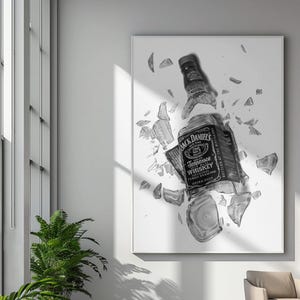 Póster de Jack Daniels / Arte mural de botella de whisky rota / Dibujo a lápiz en blanco y negro / Decoración para la cueva del hombre / Descarga digital