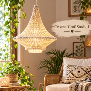 May include: A cream-colored macrame pendant light fixture with a wide, tiered conical shape and intricate knotted patterns. The lamp emits a warm glow and features the text CrochetCraftStudio1 with a heart symbol printed on the right side.