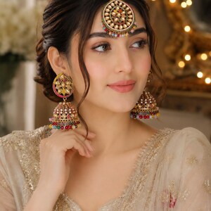 Multicolor Kundan Jhumka Earrings with Matha Tikka Set, Rainbow Stone Gold Jewelry