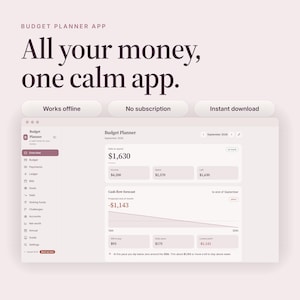 May include: A digital budget planner app interface displayed on a screen with the text "All your money, one calm app." The dashboard shows financial data including income, expenses, and a cash flow forecast for September 2026 with a downward trend line.