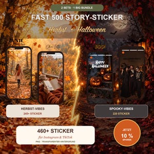 Könnte beinhalten: Ein digitales Set mit 500 Story-Stickern für soziale Medien zu den Themen Herbst und Halloween. Das Design zeigt einen geteilten Hintergrund mit goldenem Laub und einer dunklen, gruseligen Nachtszene mit Kürbissen, Text und Smartphone-Mockups.