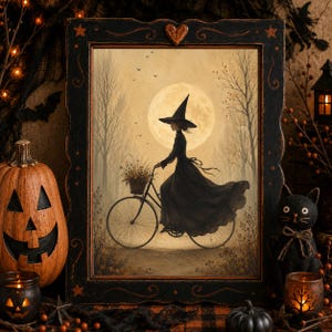 Vintage Witch on Bicycle Printable Halloween Wall Art | Halloween Digital Download | Gothic Witchcore Decor | Antique Halloween Poster