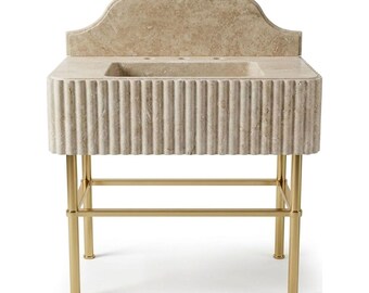 Fluted Travertine Sink with Backsplash and Optional Metal Stand, Atelier Direct, No Showroom Markup