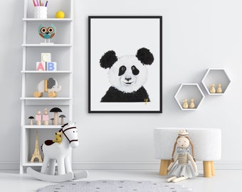 Panda Nursery Print | Panda Thema Kunst | Zwart-wit thema | Japanse kunst | Genderneutrale | Unisex Baby Nursery Prints | Decor