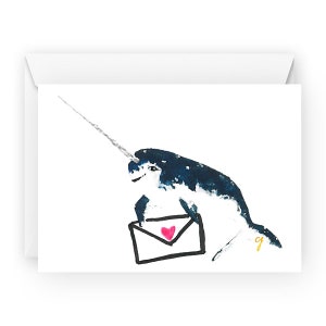 Narval del día de San Valentín, carta de amor, tarjeta de felicitación, en blanco por dentro, pintada a mano, temática del océano, divertida, amistad, amor