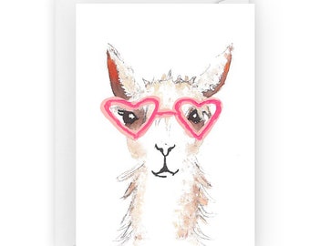 alpaca heart glasses - llama - valentines day greeting card / art