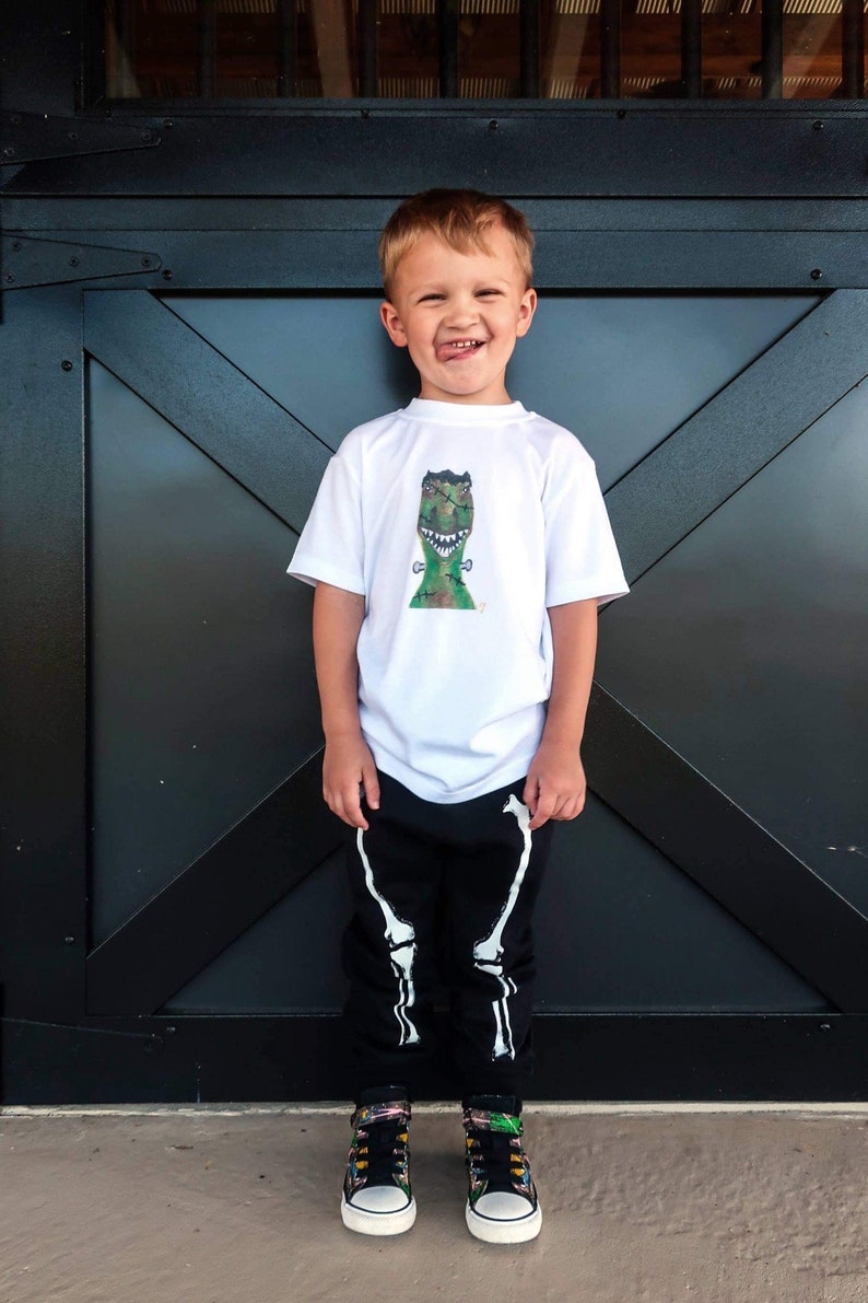 Halloween vakantie kinderen t shirt zacht handgemaakt one of a kind Frankenstein geïnspireerd dinosaurus dier kinderen kleding afbeelding 1