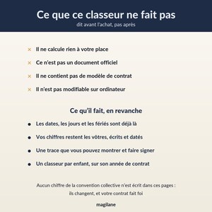 May include: A light-colored informational document titled Ce que ce classeur ne fait pas, listing limitations and features in French with bullet points and orange x marks, concluding with the text Aucun chiffre de la convention collective n'est &eacute;crit.