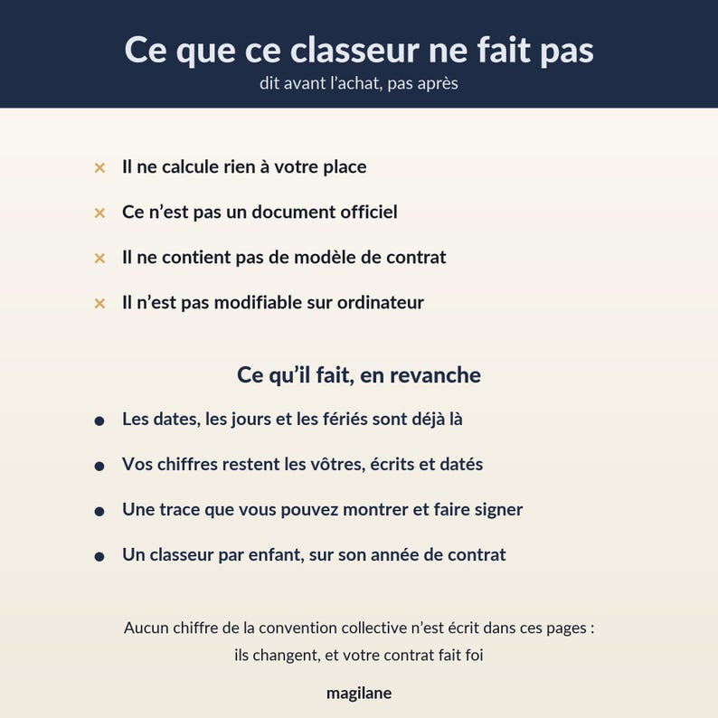 May include: A light-colored informational document titled Ce que ce classeur ne fait pas, listing limitations and features in French with bullet points and orange x marks, concluding with the text Aucun chiffre de la convention collective n'est &eacute;crit.
