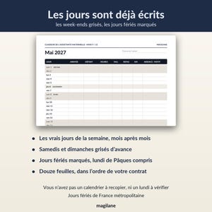 May include: A white monthly planner page for May 2027 titled CLASSEUR DE L'ASSISTANTE MATERNELLE. The grid features columns for arrival, departure, hours, meals, and mileage. Weekends are shaded gray, and public holidays are marked in the table.