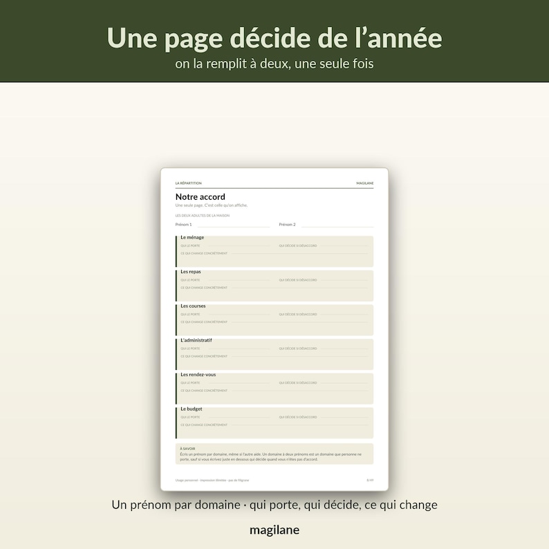 Peut inclure: Une feuille de papier blanche avec du texte noir intitul&eacute;e Notre accord. Elle comporte des sections pour le m&eacute;nage, les repas, les courses, l'administratif, les rendez-vous et le budget, avec des colonnes pour deux pr&eacute;noms afin de r&eacute;partir les t&acirc;ches.