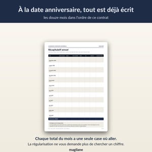 May include: A white annual summary document titled R&eacute;capitulatif annuel with a table listing months from September 2026 to August 2027. The page includes columns for hours, days, and net salary, with text in French and the brand name Magilane at the top.