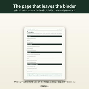 May include: A white informational document titled The go page, part of Aging Parent Care Records. It features black headers and blank lines for contact details, emergency actions, and instructions for strangers. The text is printed on a single sheet.