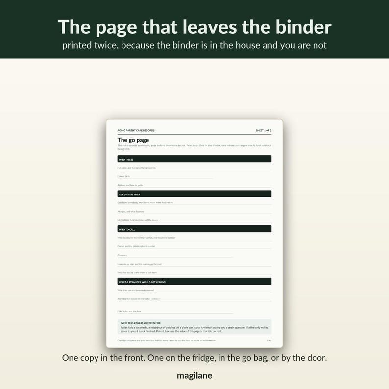 May include: A white informational document titled The go page, part of Aging Parent Care Records. It features black headers and blank lines for contact details, emergency actions, and instructions for strangers. The text is printed on a single sheet.
