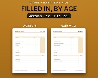 Kids Chore Chart Printable, Chores Filled In by Age 3 to 13, Editable