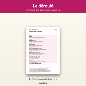 May include: A white informational sheet titled Le d&eacute;roul&eacute; with a magenta header. The document outlines a schedule for a party, listing various games and activities with time slots, instructions, and contingency plans in French text throughout the page.