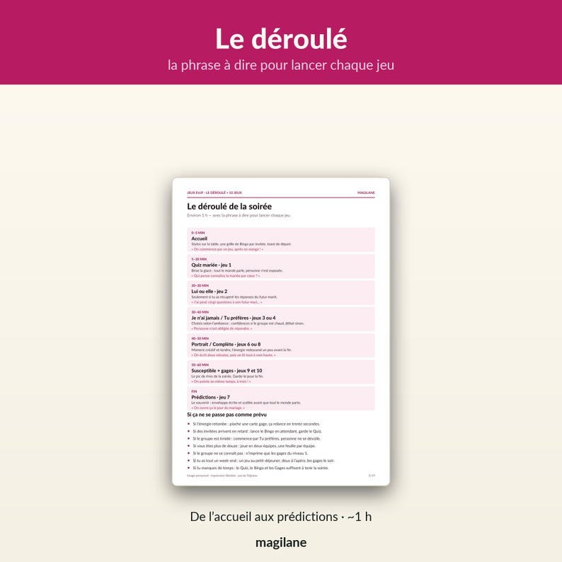 May include: A white informational sheet titled Le d&eacute;roul&eacute; with a magenta header. The document outlines a schedule for a party, listing various games and activities with time slots, instructions, and contingency plans in French text throughout the page.