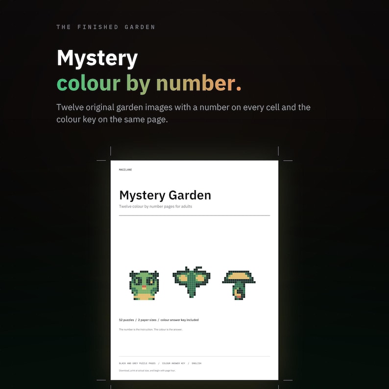 Mysteriöser Garten: Ausmalen nach Zahlen zum Ausdrucken, 12 Pixel-Malvorlagen für Erwachsene (PDF) Bild 1