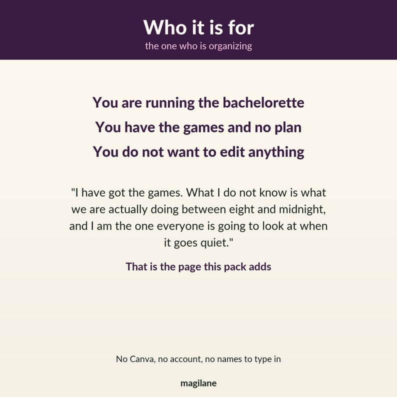 May include: A digital information card with a dark purple header reading Who it is for, the one who is organising. The text lists: You are running the bachelorette, You have the games and no plan, You do not want to edit anything. It includes a quote and the text: No Canva, no account, no names to type in, magilane.