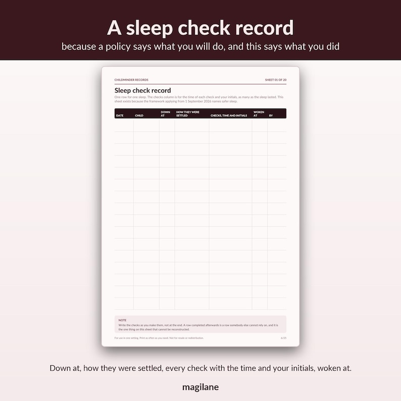Childminder Paperwork EYFS Records - 20 numbered sheets, register, accident, sleep, medication, A4 image 4