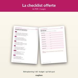 May include: A digital PDF document titled La checklist offerte, consisting of three pages. The pages feature a checklist for an organizer, including sections for tasks, timelines, and a Qui fait quoi table with pink highlighted rows for task assignments.