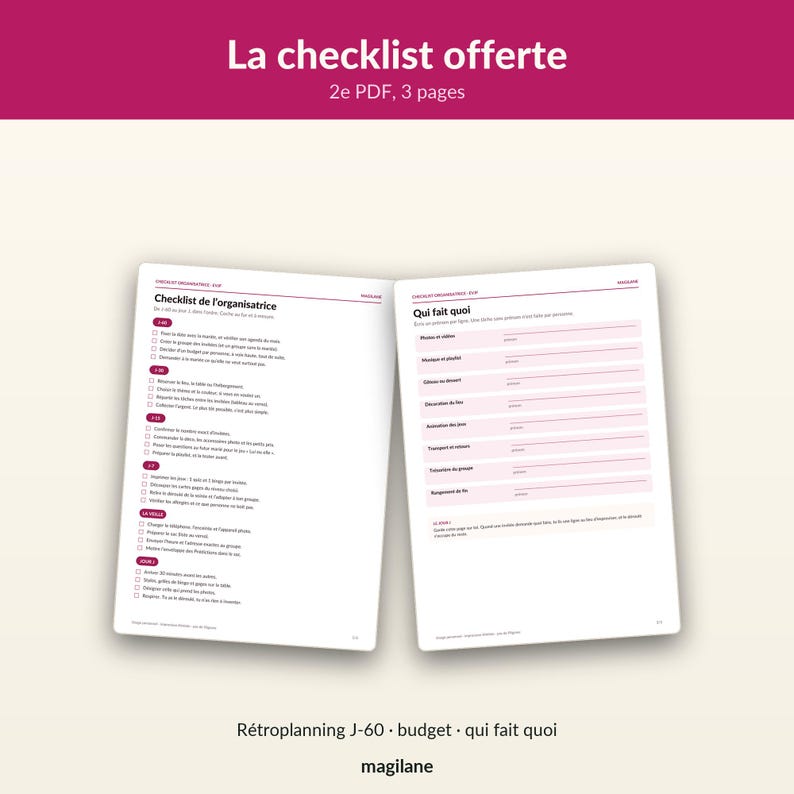 May include: A digital PDF document titled La checklist offerte, consisting of three pages. The pages feature a checklist for an organizer, including sections for tasks, timelines, and a Qui fait quoi table with pink highlighted rows for task assignments.