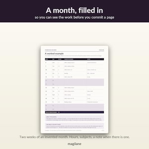 May include: A white homeschool record sheet with black text titled A worked example. The table includes columns for date, day, hours, subjects covered, and notes, showing two weeks of data with some rows highlighted in light purple and the brand name Magilane.