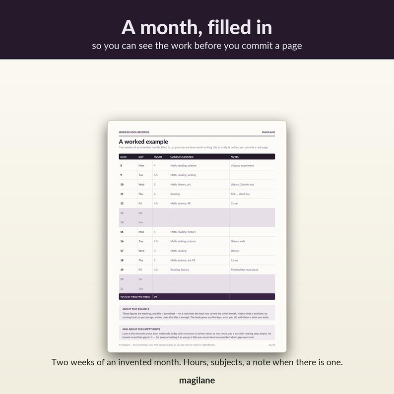 May include: A white homeschool record sheet with black text titled A worked example. The table includes columns for date, day, hours, subjects covered, and notes, showing two weeks of data with some rows highlighted in light purple and the brand name Magilane.