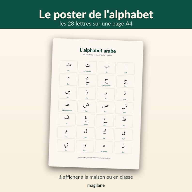 May include: An A4 size educational poster featuring the Arabic alphabet with 28 black letters arranged in a grid on a white background. Each letter is enclosed in a rectangular box with its corresponding phonetic pronunciation written below it.