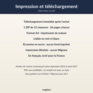 May include: A digital document information sheet with dark blue header text reading Impression et t&eacute;l&eacute;chargement chez vous, ce soir. The content lists details including 1 ZIP file of 12 binders, 26 pages each, A4 format, ink-saving design, and contract years from September 2026 to August 2027.