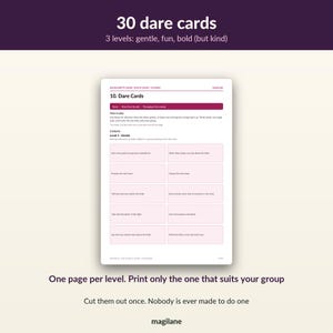 May include: A white rectangular sheet featuring 30 dare cards organised into three levels: gentle, fun, and bold. The page includes instructions, a list of contents, and ten individual pink-bordered cards with text prompts for a bachelorette game.