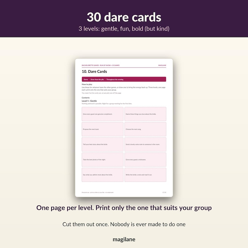May include: A white rectangular sheet featuring 30 dare cards organised into three levels: gentle, fun, and bold. The page includes instructions, a list of contents, and ten individual pink-bordered cards with text prompts for a bachelorette game.