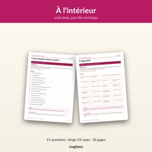 May include: Two white paper sheets featuring printed game content in French, including a questionnaire titled Qui connait le mieux la mari&eacute;e and a Bingo EVJF grid. The text is in dark purple and black, with pink accents and headers.