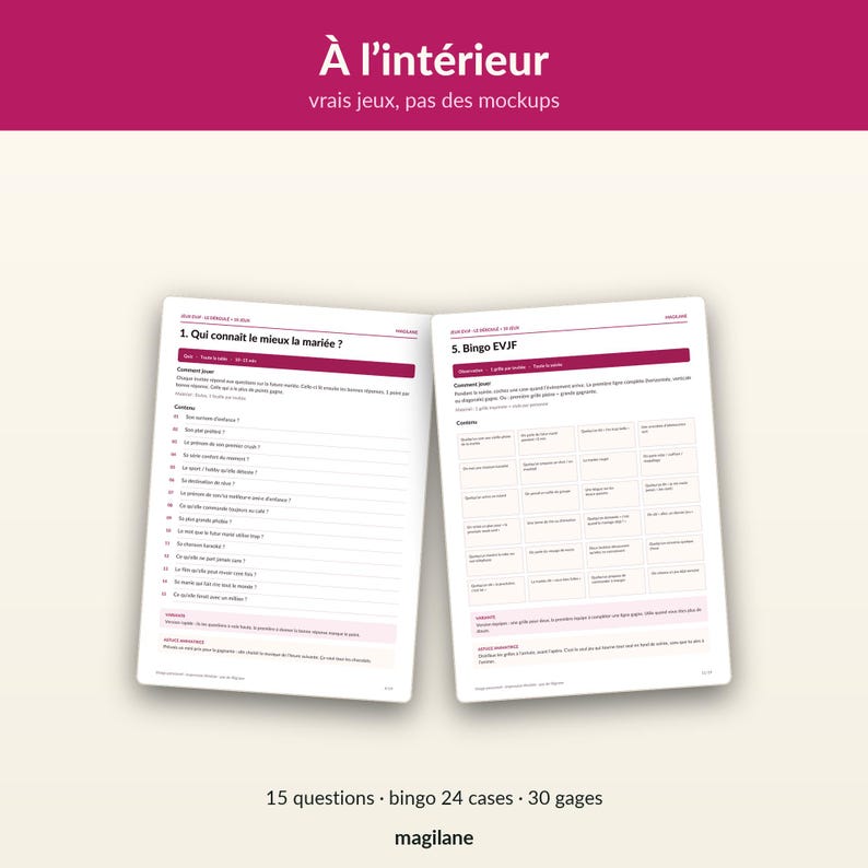 May include: Two white paper sheets featuring printed game content in French, including a questionnaire titled Qui connait le mieux la mari&eacute;e and a Bingo EVJF grid. The text is in dark purple and black, with pink accents and headers.